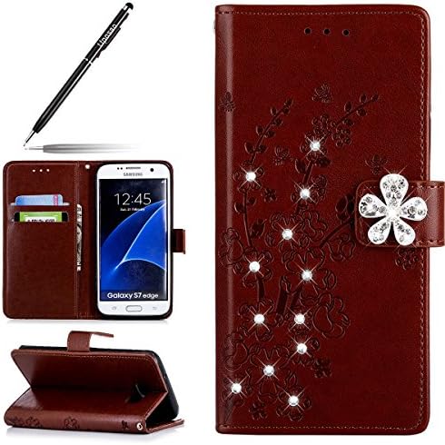 Glitter Case Leather for Galaxy S7 Edge, Flip Wallet Case Cover for Galaxy S7 Edge, Uposao Luxury Glitter Sparkly Diamond Rhinestone Case Floral Butterfly Pattern Grils Wome