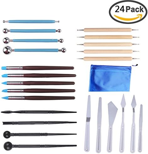 HOUSWOUKER 24 PCs Polymer Clay Tools Modeling Clay Sculpting Tools Kits Shaping Tools for Pottery Sculpture Dotting Pen, Rubber Tips,Ball Stylus, Plastic Modeling Tools,Ceramics Tools