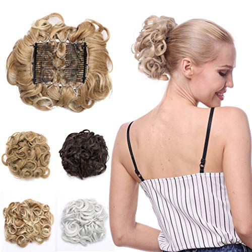 Messy Curly Combs Hair Bun Extensions Easy Stretch Hair Dish Chignon Clip in Updo Hairpiece Ponytail Scrunchy Accessory for Women Golden Blonde Mix Bleach Blonde