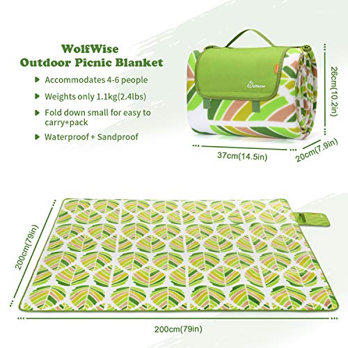 WolfWise 79"x79" XXL Picnic Blanket Extra Large Fleece Beach Mat with Waterproof Backing Anti Sand, Green Leaves