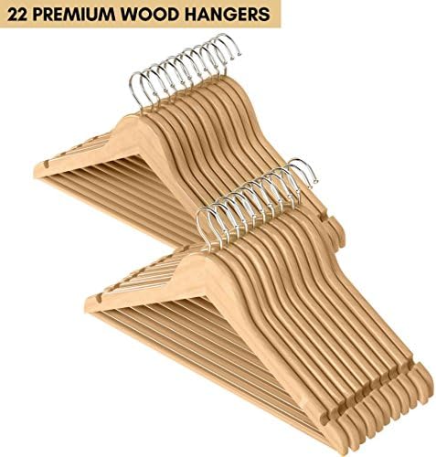 22 Pack Premium Quality Solid Wood Suit Hangers with Non Slip Bar and Precisely Cut Notches - Natural Finish Super Sturdy and Durable Wooden Hangers - 360 Degree Swivel Chrome Hook