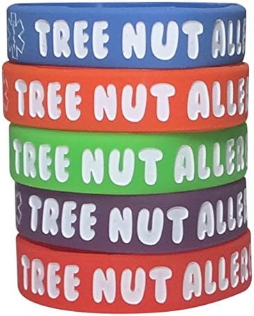 Tree Nut Allergy Bracelet Kid's Silicone Medical Alert Band (Pack of 5) Red, Orange, Blue, Purple, Green (7 inch)