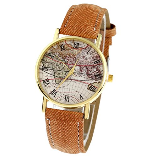 PU Leather Denim Retro Women Watch Vintage World Map Wristwatch Quartz light brown