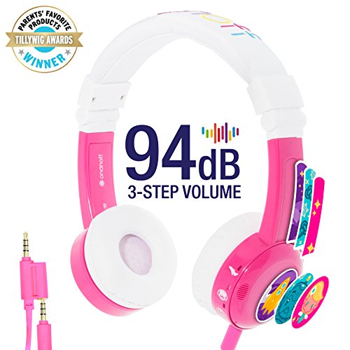 Kids Headphones by onanoff| Inflight Model Series with 3 Kids Safe Volume Limit Settings | Built in Headphone Splitter and In Line Mic | Perfect for Airplane Use | Pink - Thumbnail 2