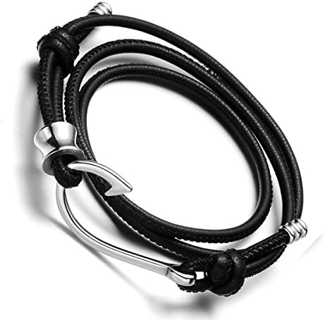 JEWLUXURY Genuine Leather Bracelet Stainless Steel - Leather Wrap Braided Bracelets Fish Hook Clasp