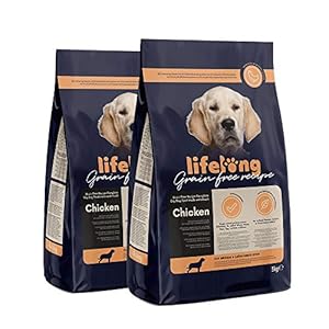 Marca Amazon – Lifelong Alimento seco completo con pollo fresco para perros de razas medianas y grandes, receta sin cereales – 5kg*2