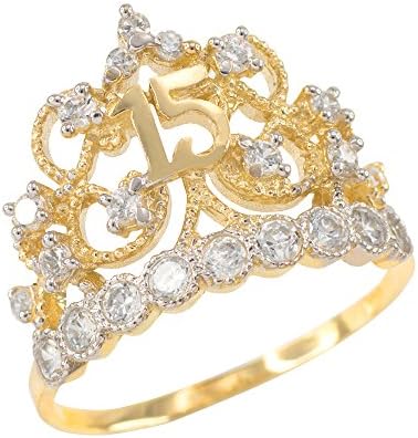 10k Yellow Gold CZ-Studded Crown Sweet 15 Anos Quinceanera Ring