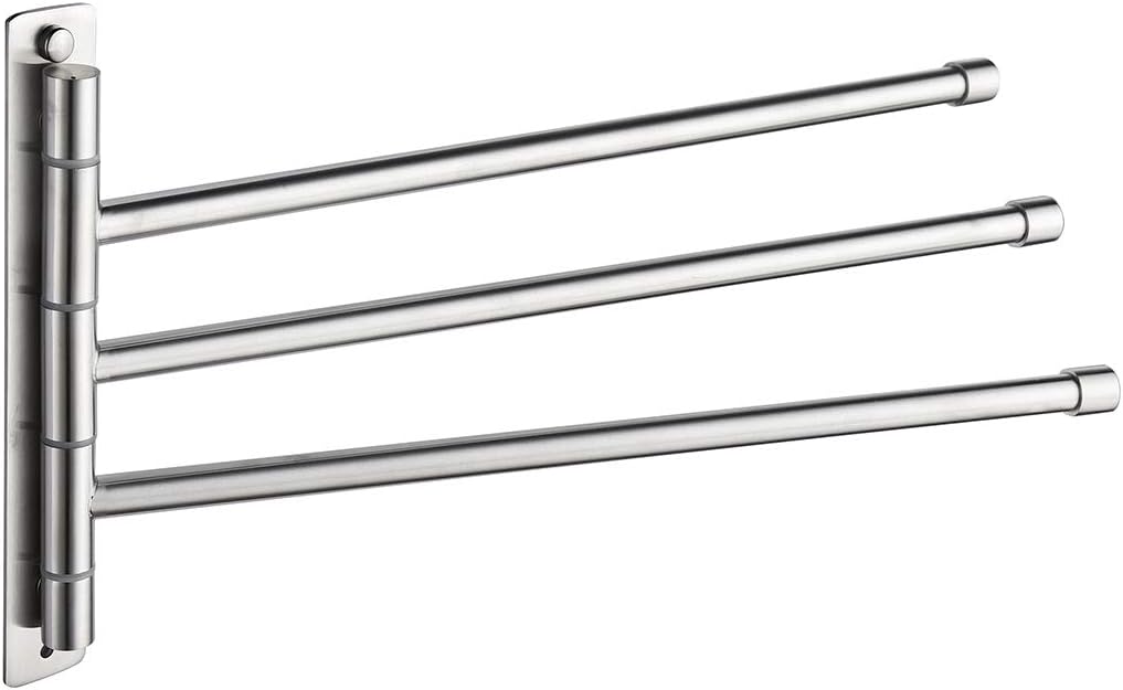 Tecmolog Adhesive SUS304 Stainless Steel Swivel Towel bar 2-Arm Bathroom Towel Rack, Swing Hanger Holder Storage Organizer Saving Space, Brushed Nickle, SBH184-3