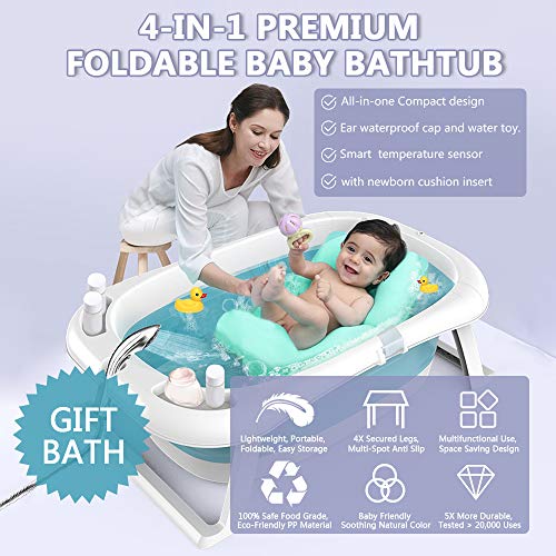 SURPCOS 4-in-1 Portable Baby Folding Bathtub, Collapsible Infant to Toddler Space Saver Foldable Bath tub, Anti Slip Skid Proof (Blue)