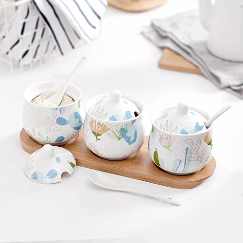 Ceramic Food Storage Porcelain Condiment Container Spice Jar with Lids - Ceramic Serving Spoon, Wooden Tray - Pottery Cruet Pot,Seasoning, Sugar, Coffee, Salt, 8.8OZ (250ML), Set of 3 (Garden)