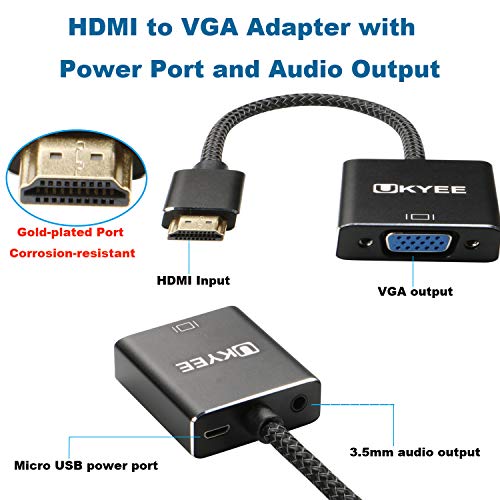 HDMI to VGA Adapter with Audio, UKYEE HDMI to VGA 1080P Male to Female Converter Nylon Braided for PC,Laptop,Monitor,Projector,HDTV,Xbox with 3.5mm Audio Cable and Micro USB Cable- Black - Thumbnail 3