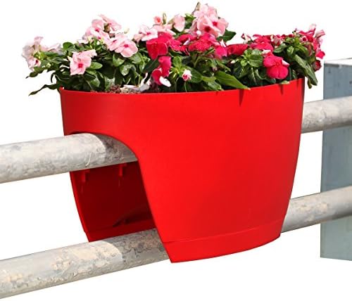 Greenbo XL Deck Rail Planter Box with Drainage trays, 24-Inch, Color Red - Set of 6