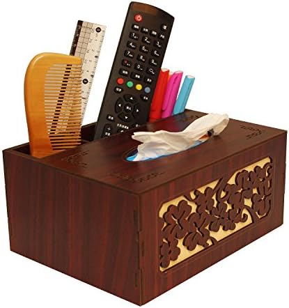 takefar Tissue box storage function dresser storage box wood retro style environmental protection materials four leaf grass pattern (Mahogany)