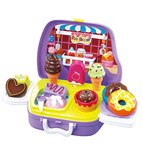 Mozlly Ice Cream Dessert Truck Pretend Food Carrying Playset, Fake Ice Cream Cones Donuts Little Heart Cookies Utensils Kitchen Make & Serve Toys for Kids Toddlers, Colors May Vary