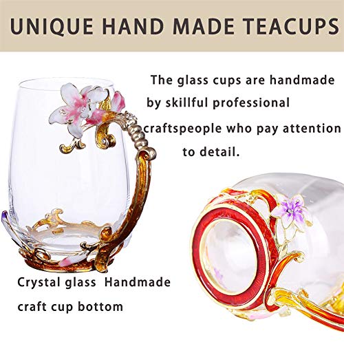 Tea Cup Coffee Mug Cups, Creative Lily Flower Glass Tea Cup, Handmade Tea Mug, Unique Personalized Birthday Present Ideal for Friend Wedding Anniversary Christmas Birthday - 13OZ Pink - Thumbnail 2