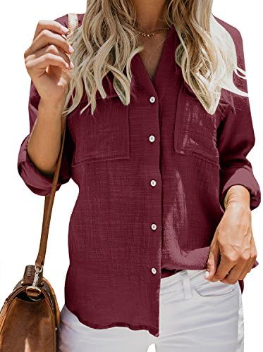 Womens Casual Tops V Neck Button Up Shirts Cuffed Sleeve Collared Slit Blouse