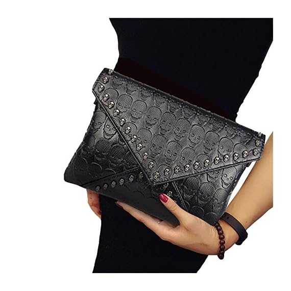 Clutch-Purses-for-Women-Gothic-Skull-Envelope-Clutch-Wallet-with-Two-Straps-Black