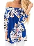 Chase Secret Womens Off Shoulder Blouses Floral Print 3/4 Sleeve Casual Loose Tops Shirts (S-XXL)