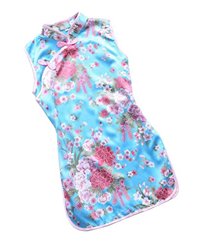 Soyoo Girls Cheongsam Flowers Design Sleeveless High Neck Side Slits Blue
