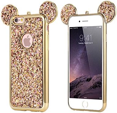 iPhone 6 6s Case, iphone 6 colour case,Lovely Animal 3D glitter bling Mouse Ears with sparkly glitter soft rubber Case for Apple iphone 6 by RoseTag (Gold)