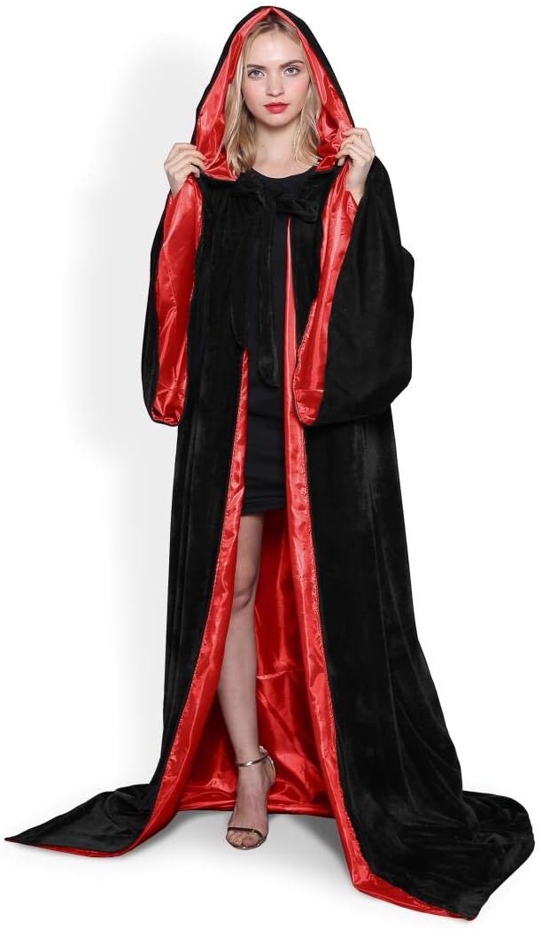 Qianruidia Black Wizard Robe Hood Cloak Velvet Renaissance Medieval Wedding Cloak Cape Lined with Satin