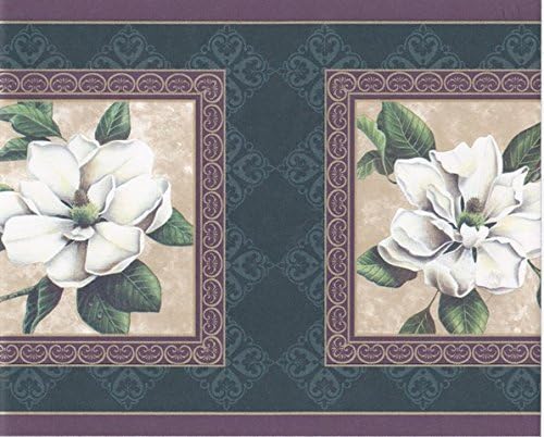 Purple Green White Rose of Sharon Floral Wallpaper Border