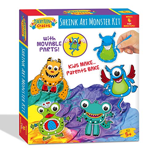 Peachy Keen Crafts Monster Shrink Art Kit - Complete Shrinky Activity Set with 4 Hinging Designs, Googly Eyes and Colored Pencils