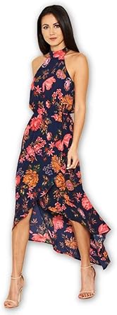 navy floral cut in neck wrap dress