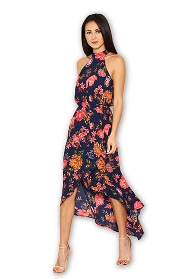 navy floral cut in neck wrap dress