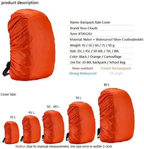 Rosy Clouds 2pcs 35L-60L Waterproof Backpack Rain Cover for Hiking Camping Traveling School and Laptop Backpack (Orange, 50-60L)