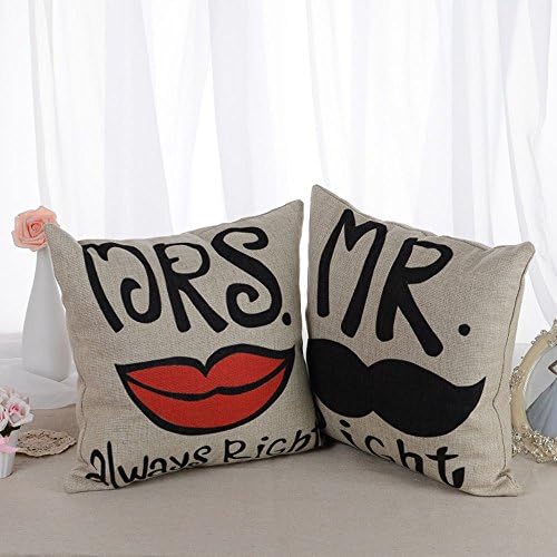 Mr. Right &amp; Mrs. Always Right Throw Pillow Cover, 18x18 inch Printed Red Lips and Black Mustache, Set of 2 Pillow, Wedding Gift