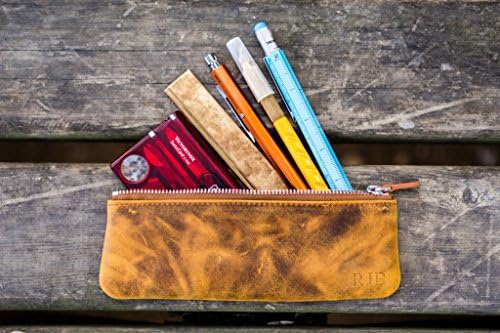 Leather Zippered Small Pencil Pouch / Pencil Case - Crazy horse Brown