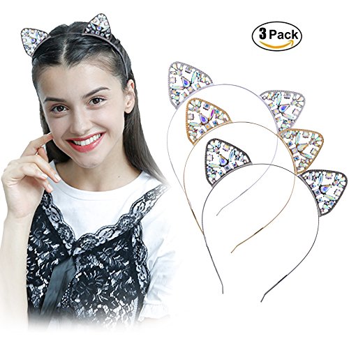 BABEYOND Cat Ears Headband for Girls Cat Headbands for Women Cat Ear Hairband Cat Ears Hair Hoop with Rhinestone Crystal Cat Ear Hair Accessories 3 Pieces