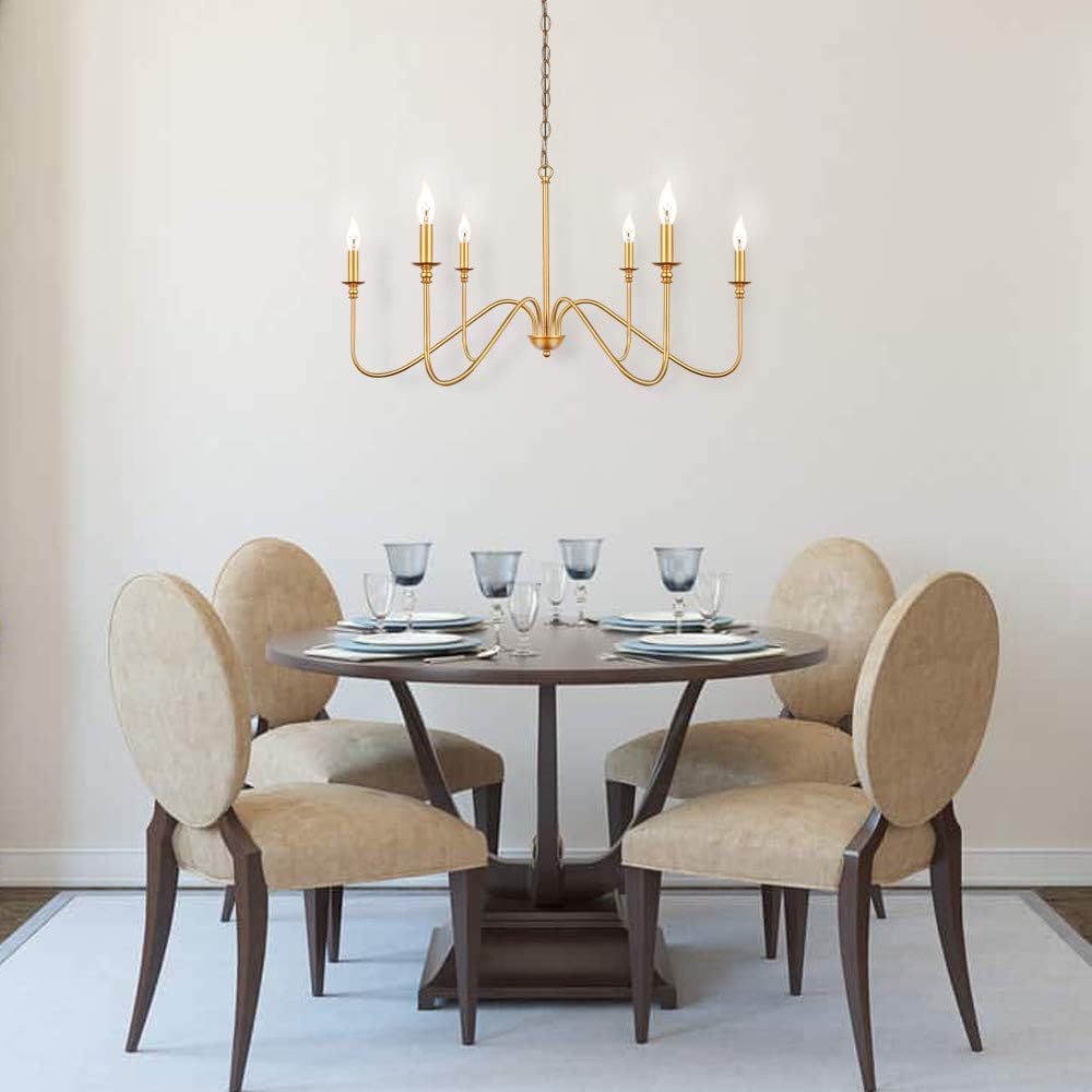 T&A Glod 6-Light Chandeliers, Classic Candle Ceiling Pendant Light Fixture, Wrought Iron Brass Farmhouse Chandelier Kitchen Island Dining Room Living Room - - 