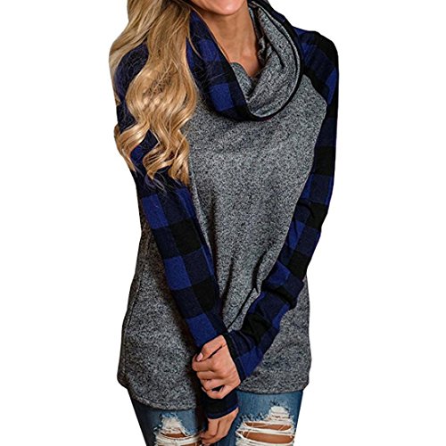 Rambling New Womens Long Sleeve Cowl Neck Tunic Tops Casual Plaid Sweatshirts Pullover Blue