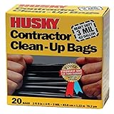Husky HK42WC020B 42-Gallon Polyethylene Resin Contractor Clean-Up Bags, 20 Count, 4 ft L x 2 ft 9 in W x 3 mil T, Black