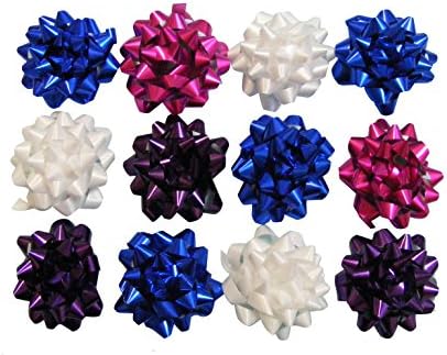 GIFT Wrap Metallic Star Bows Elegant Confetti Box By CatchTheWave SET OF 12 2.7" Self Adhesive, Sticky, Stick On, Peel & Stick FOR-Holy Day Packaging Garlands Wreaths Birthday Weddings Glitter Finish