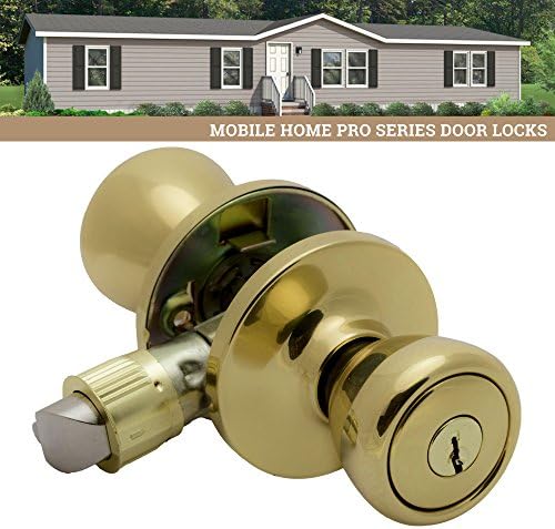 Pro-Grade Classic Mobile Home Keyed Entry Door Knob Handle Hardware, Polished Brass