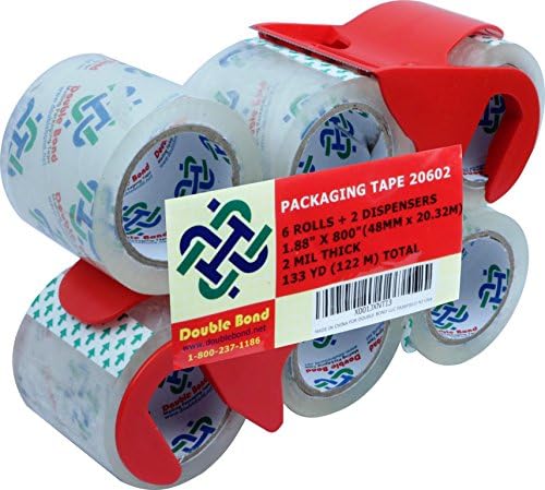 Double Bond Crystal Clear Packing Tape, 1.88 Inches x 800 Inches, 2.0Mil Thick Packaging Tape, 6 Rolls with 2 Dispenser (20602)