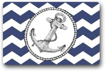 Personalized Chevron Anchor Pattern Print With Navy Blue Chevron And Original Hand Drawn Illustrated Anchor Design Durable Indoor/Outdoor Doormats ,23.6"(L) x 15.7"(W) 3/16" Thickness