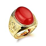 OPK Jewelry Vintage Red/Black/Green Oval Agate 18k Gold Plated Mens Luxury Ring,Adjustable