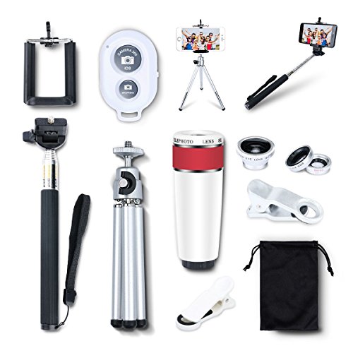 AFAITH Mobile Phones Lens 10-in-1 Lens Kit for Smartphone, 8x Telescope for telephoto / fisheye lens / 2 in 1 macro lens and remote control Selfie Stick Monopod + Bluetooth + Mini Tripod Monopod for iPhone 7 / iPhone 7 Plus, iPhone 6s / 6s Plus, Samsung Galaxy S8 / S8 / S7 / S7 / S6, Huawei P10 / P9 / P8, Sony, HTC, Nokia und andere Smartphones PA033