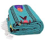 Open Road Goods Thick Mexican Yoga Blanket Turquoise/Sea Green - Serape Fish Design - Handmade/Handwoven Genuine Mexican Style Blanket