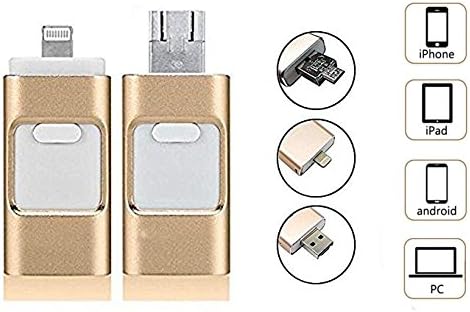 Flash Drive USB3.0 iPhone OTG - USB, Micr USB, Lighting Connector(3 in 1) for iPhone iPad IOS Andriod PC(32GB) (Gold)