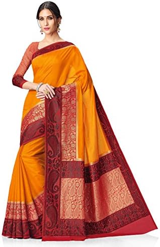 Kanchipuram Spun Silk Meghdoot Women's Woven Saree (VINDHYA_2504B_MUSTARDxRED_CP1) Mustard and Red Color Sari