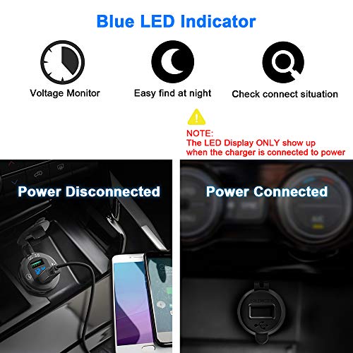 Opluz Dual QC3.0 USB Car Charger, Quickly Charge 4.8A USB Car Socket x2&Waterproof Power Outlet with LED Voltmeter for 12V/24V Car, Boat, Marine, RV, Motorcycle Mobile Build-in 10A Fuse Car Kit-Black - Thumbnail 2