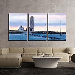 3 Piece Canvas Wall Art - Lighthouse by The Seashore - Modern Home Art Stretched and Framed Ready to Hang - 16"x24"x3 Panels