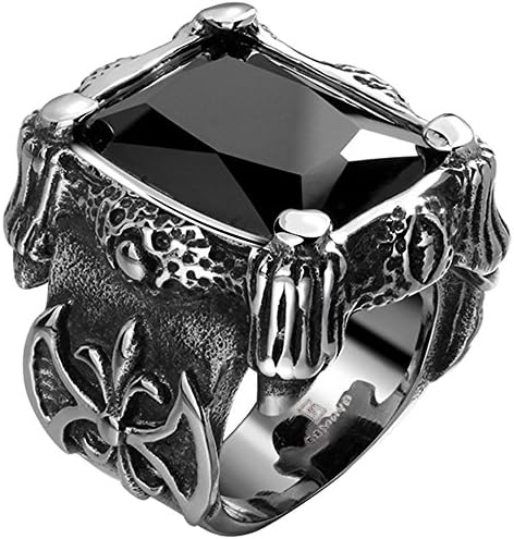 XAHH Men's Stainless Steel Vintage Gothic Black Gem Crystal Dragon Claw Knight Cross Flower Large Ring