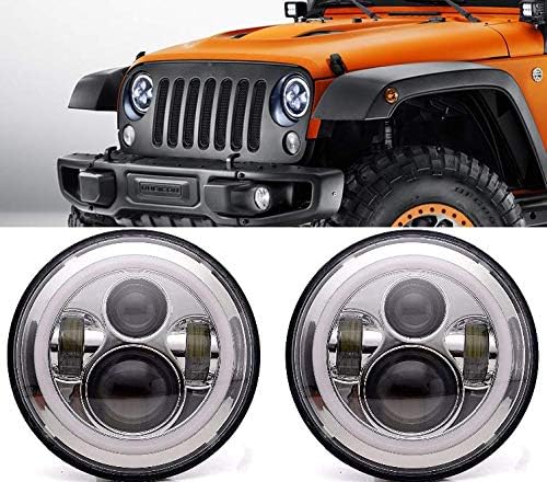 ANR Jeep 7” LED Chrome Headlight Set With White Halo Angel Eye Ring DRL & Amber Turn Signal Lights fits Jeep Wrangler JK LJ CJ Hummer REPLACES ANY 7" HEADLIGHT