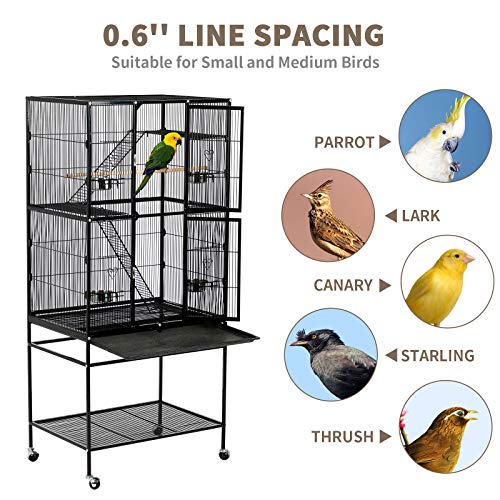 SUNCOO 63 Inch Large Bird Cage Heavy Duty Flight Cage Wrought Iron Aviary for Parrot Budgie Parakeet Cockatoo with Wooden Perch Stairs Steel Bowl Storage Shelf Rolling Stand Wheels